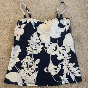 Land's End Bandeau Tankini Top, Deep Sea Navy/White Lilies, Size S